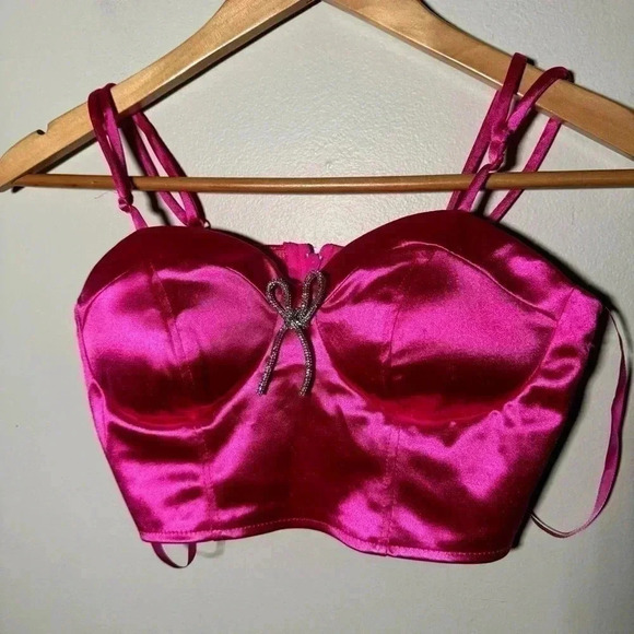 NWOT CRYSTAL SKYS HOT PINK SATIN BUSTIER/CROP TOP WITH RHINESTONE BOW DETAILS S - Picture 3 of 6
